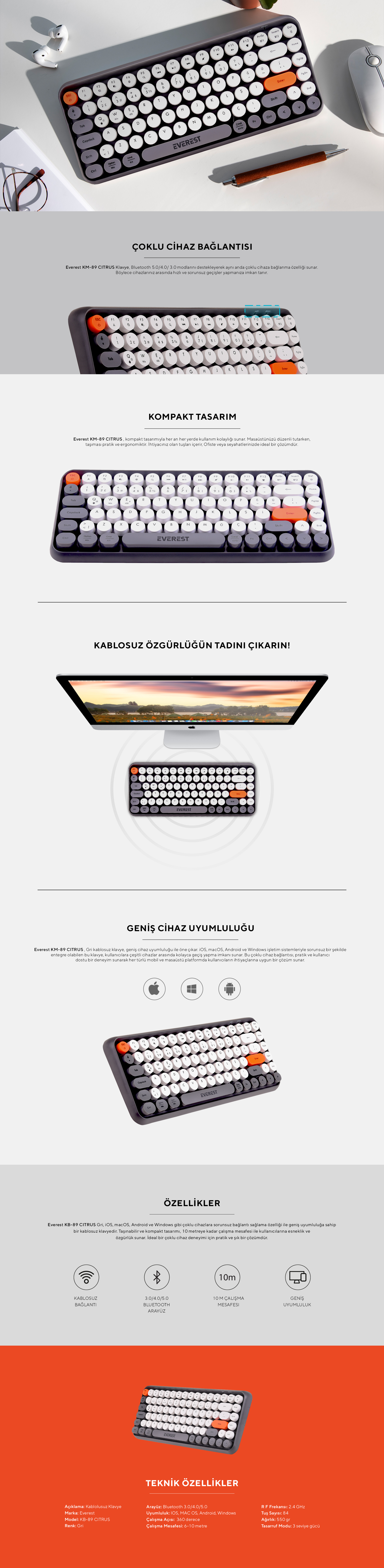 Everest KB-89 CITRUS Gri 2.4G+BT1+BT2 Çoklu Cihaz Bağlantılı Q